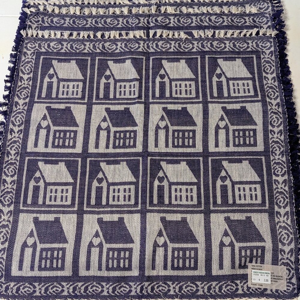 VTG Set of 4 Crown Craft Woven Placemats Reversible Blue White Fringe New House